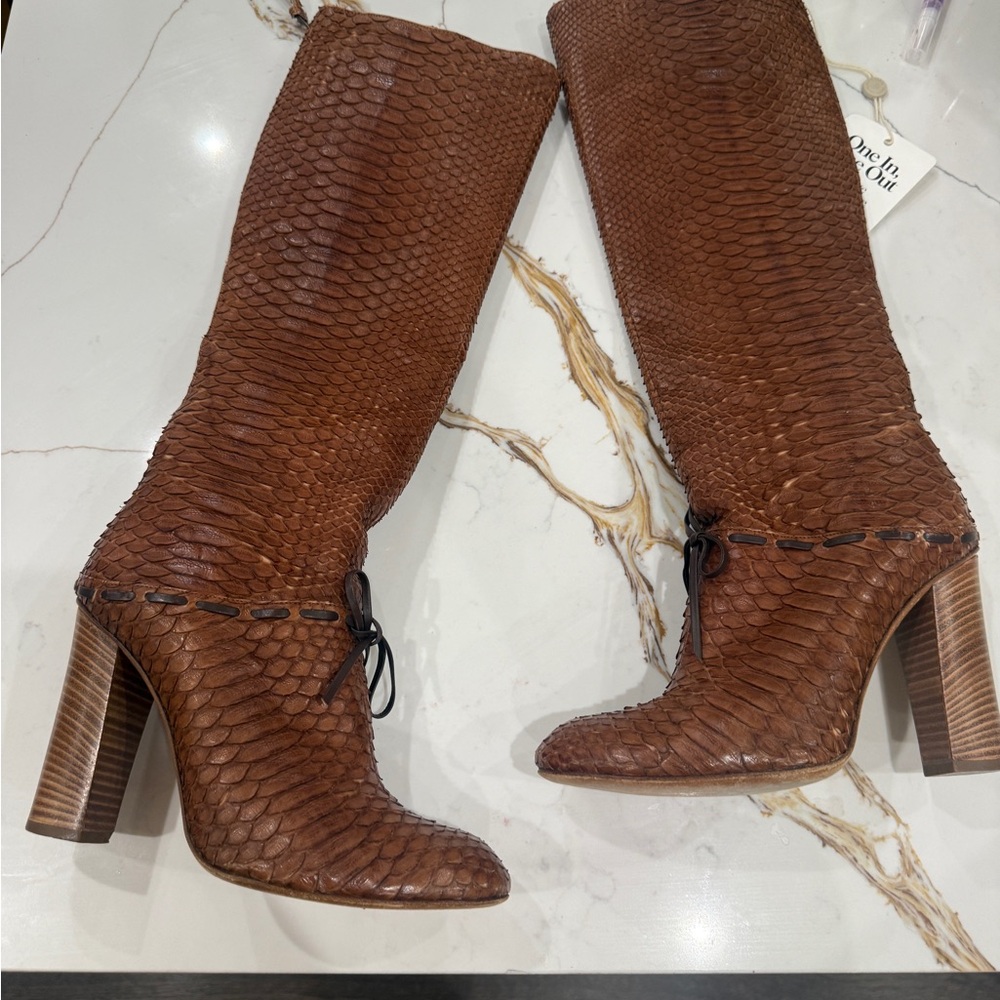 Chloe Leather Python Style Brown Heeled Boots - image 1